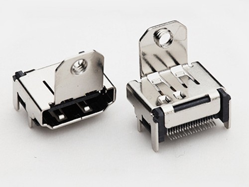 HDMI A型19P母座 90度板上四脚插板 针贴片 带耳朵有螺孔