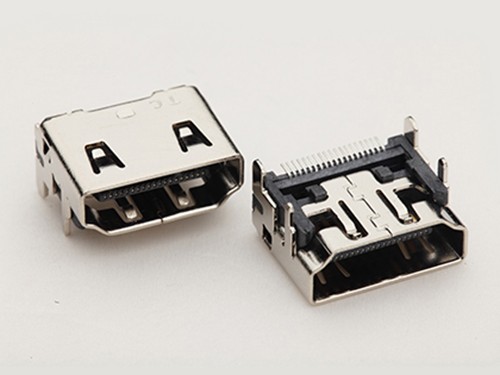 HDMI A型19P母座 板上90度四脚插板+针SMT单排贴片