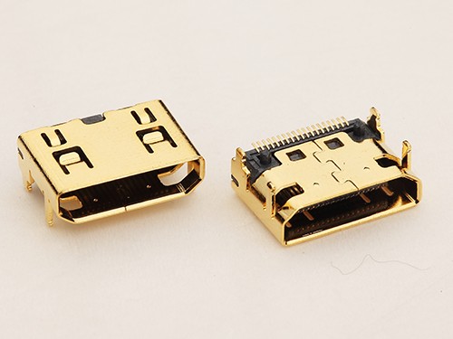 MINI HDMI A型19P母座 短体板上四脚插板+针SMT贴片 有柱 镀金外壳