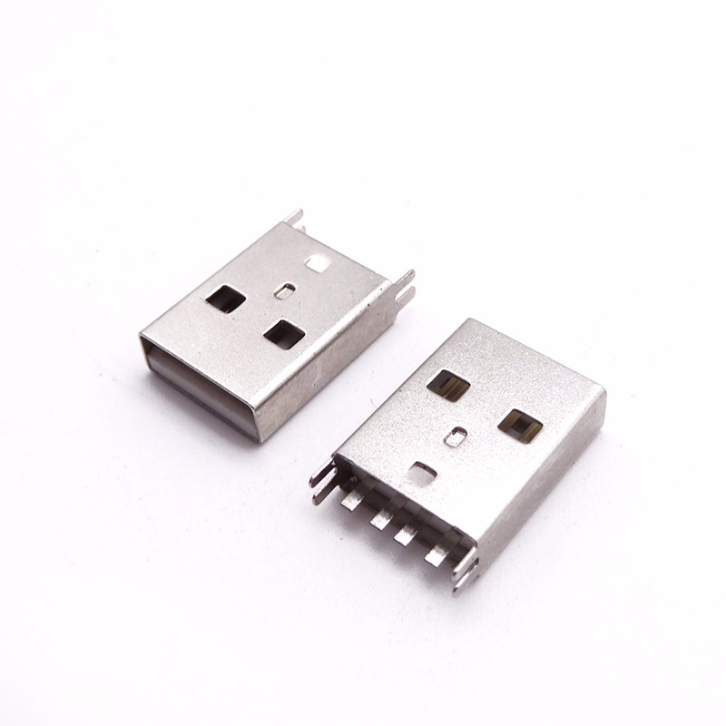 USB 2.0公头 180度立插公头 夹板式 带夹板脚 可插板可夹板