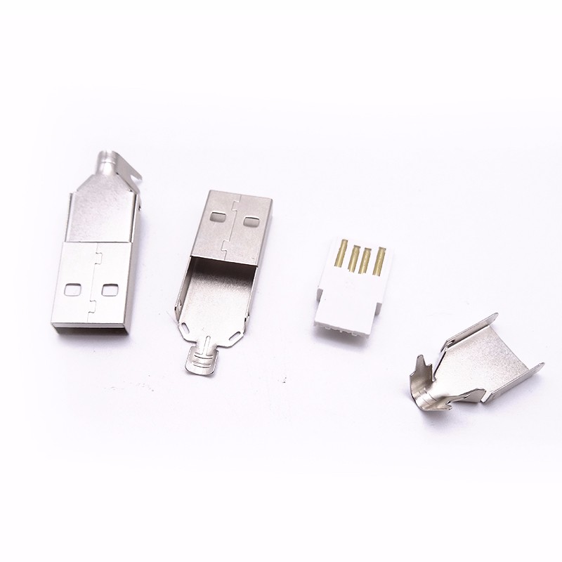 USB 2.0公头 三件式焊线式公头 上下壳 带线夹白胶