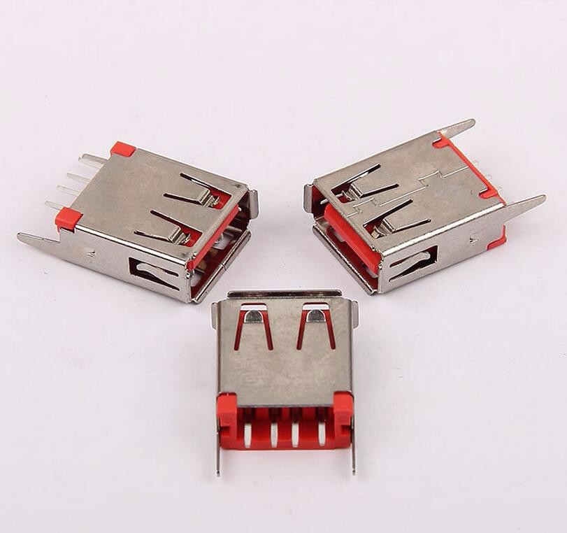 USB 2.0母座 15.0H直插180度 卷边直脚 红色胶芯